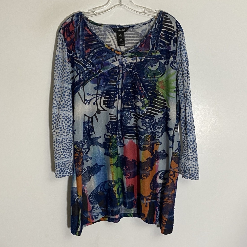 Ali Miles Top Womens XL Multi Abstract Embroidered Classy Wearable Art Boho Chic